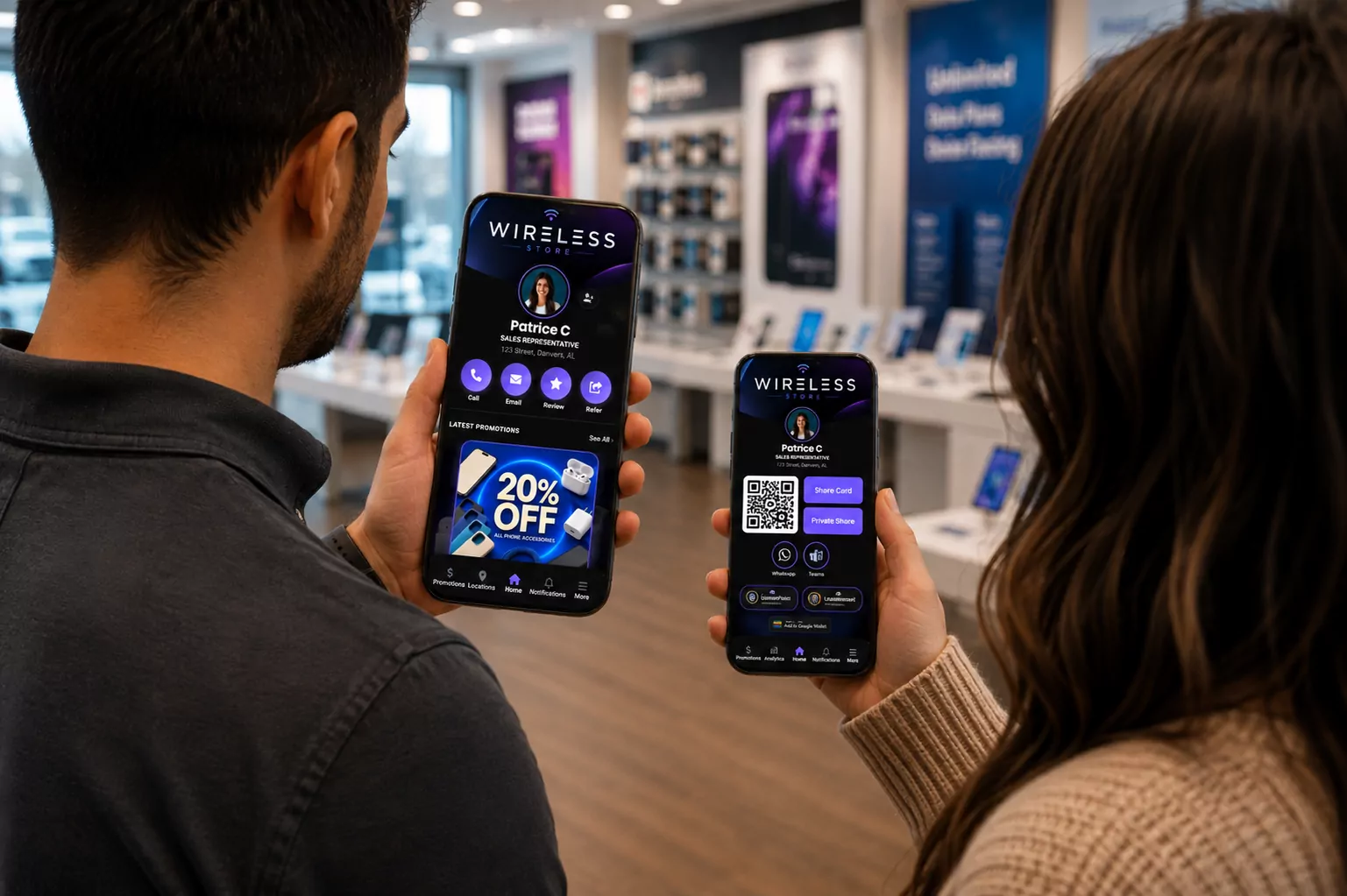 Two customers in store sharing digital cards via QR code and Share Card