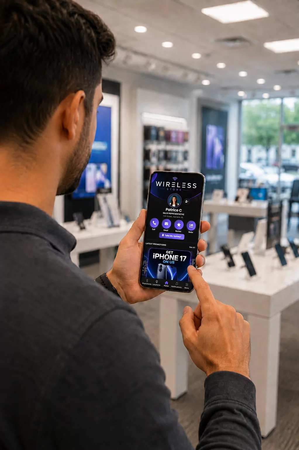 Customer viewing a rep's digital business card in store — call, email, review, refer and a promotion in one screen