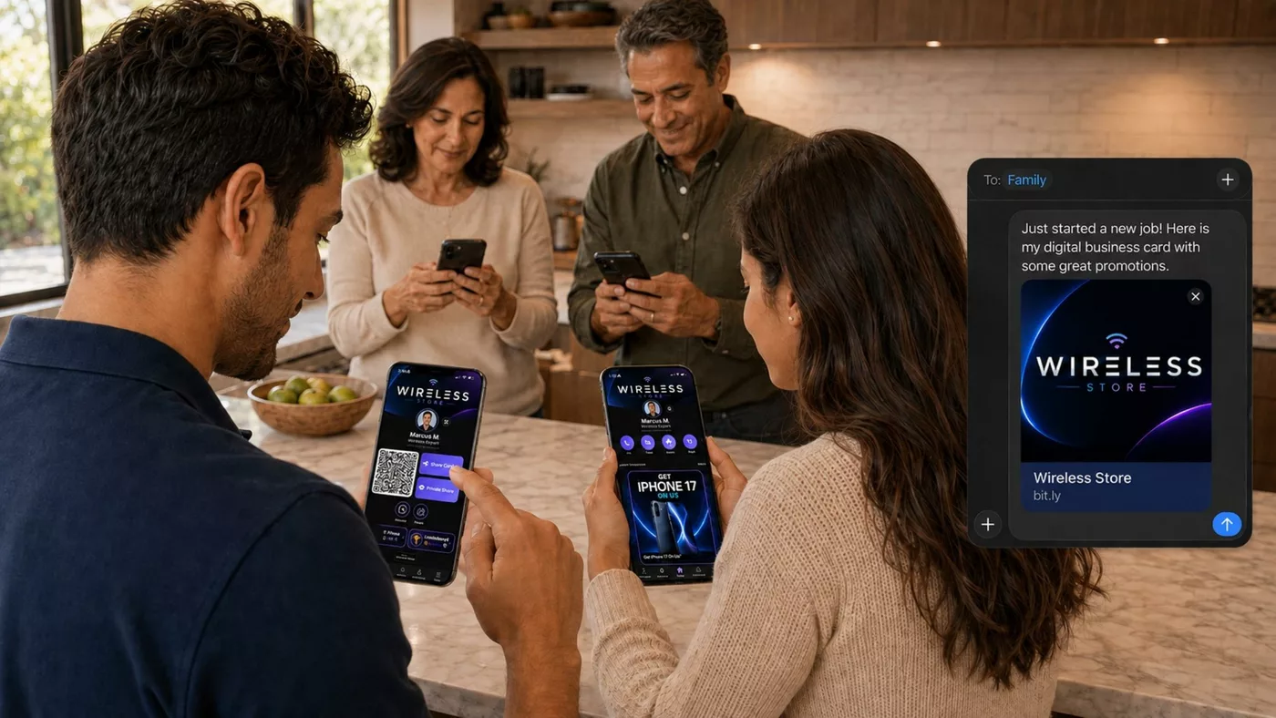 The rep texting his family a link to his new digital business card, showing off the promotions