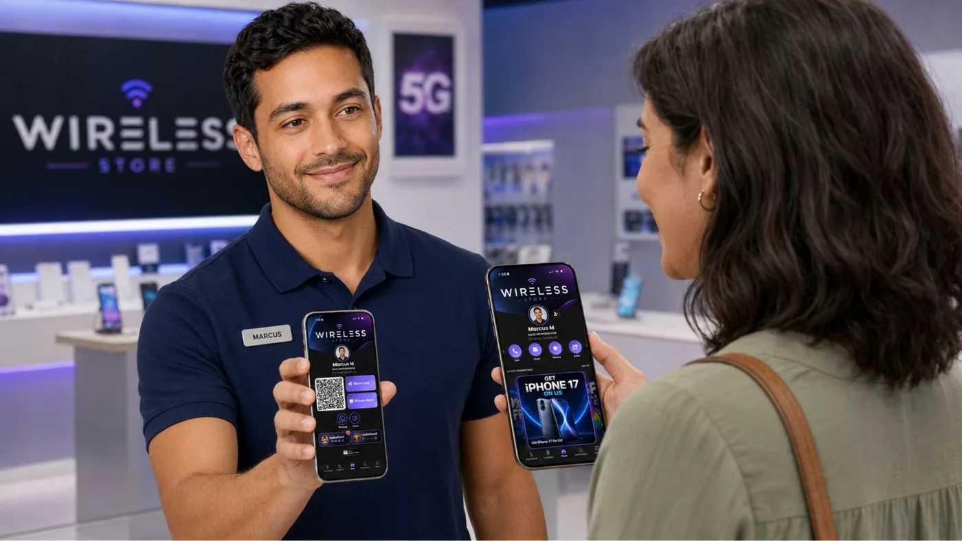 The rep sharing his digital card with a walk-in customer via QR code, both holding up their phones
