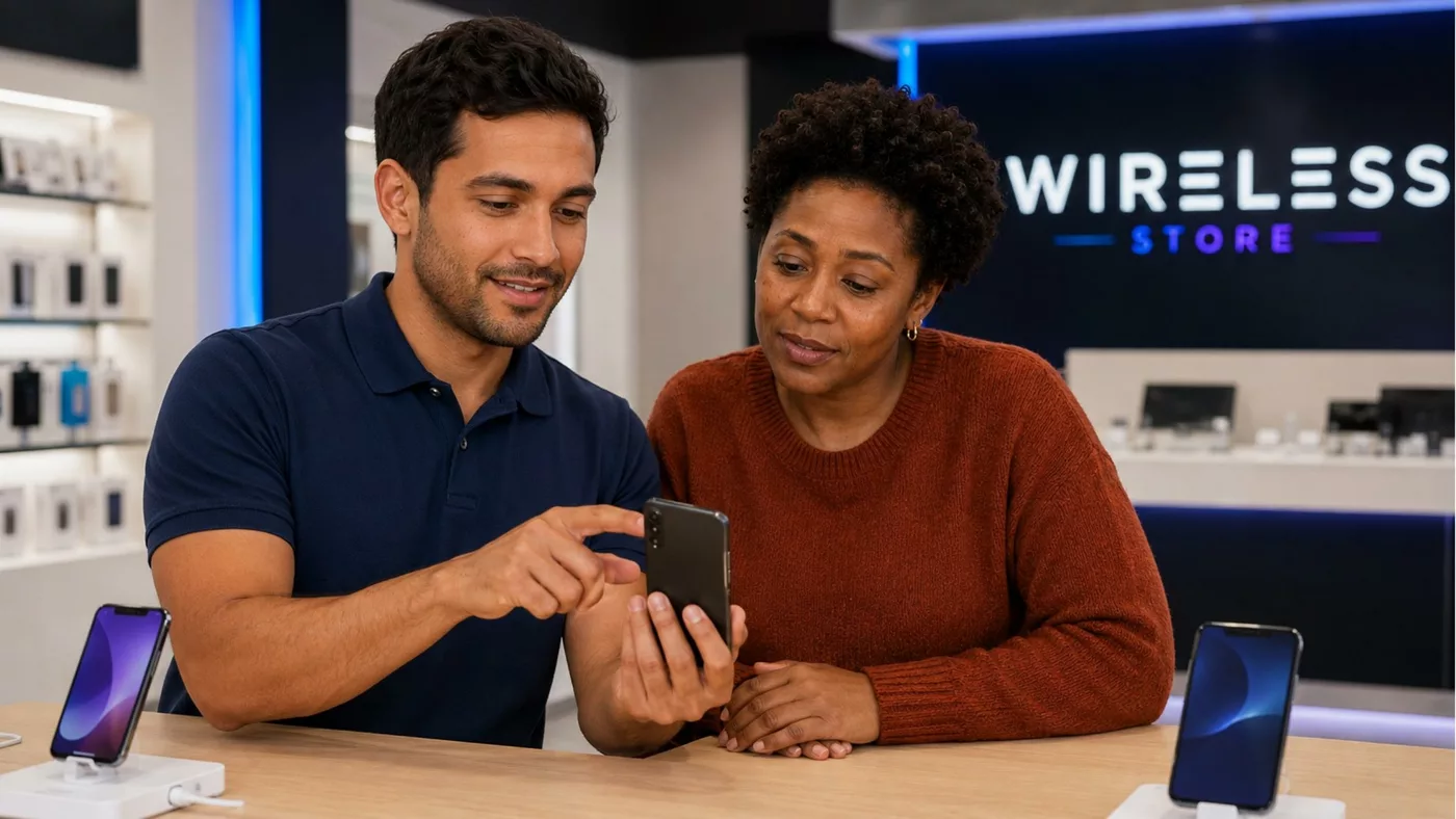 The rep welcoming the referred friend in-store, showing her something on his phone