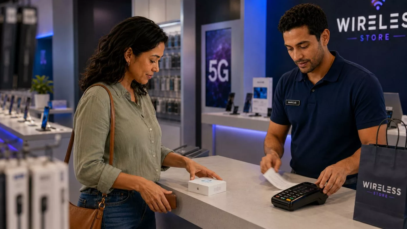 The customer completing a purchase at the checkout counter