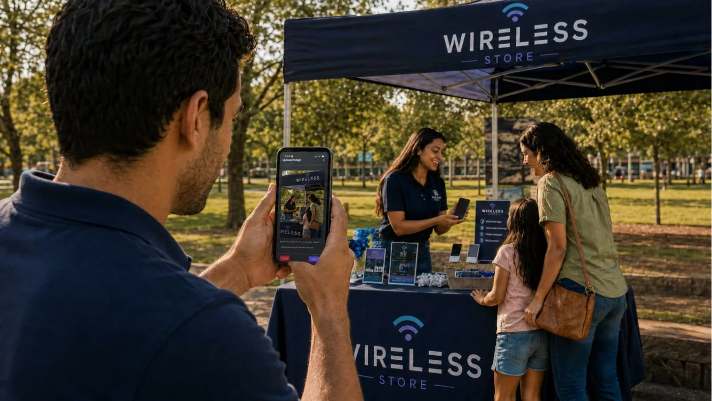 A team member using GatherPoint to capture a photo at an outdoor pop-up event booth