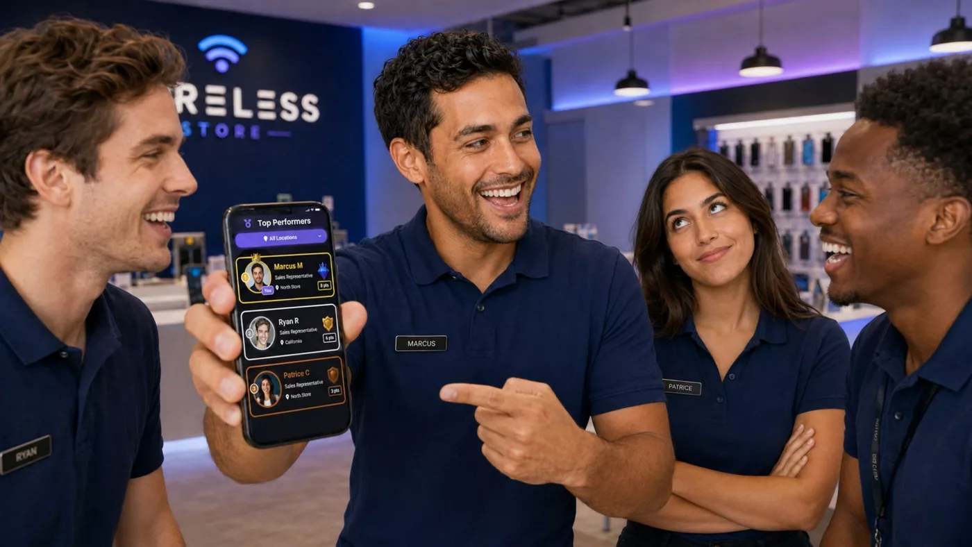 The team celebrating together while checking the top performers leaderboard on a phone